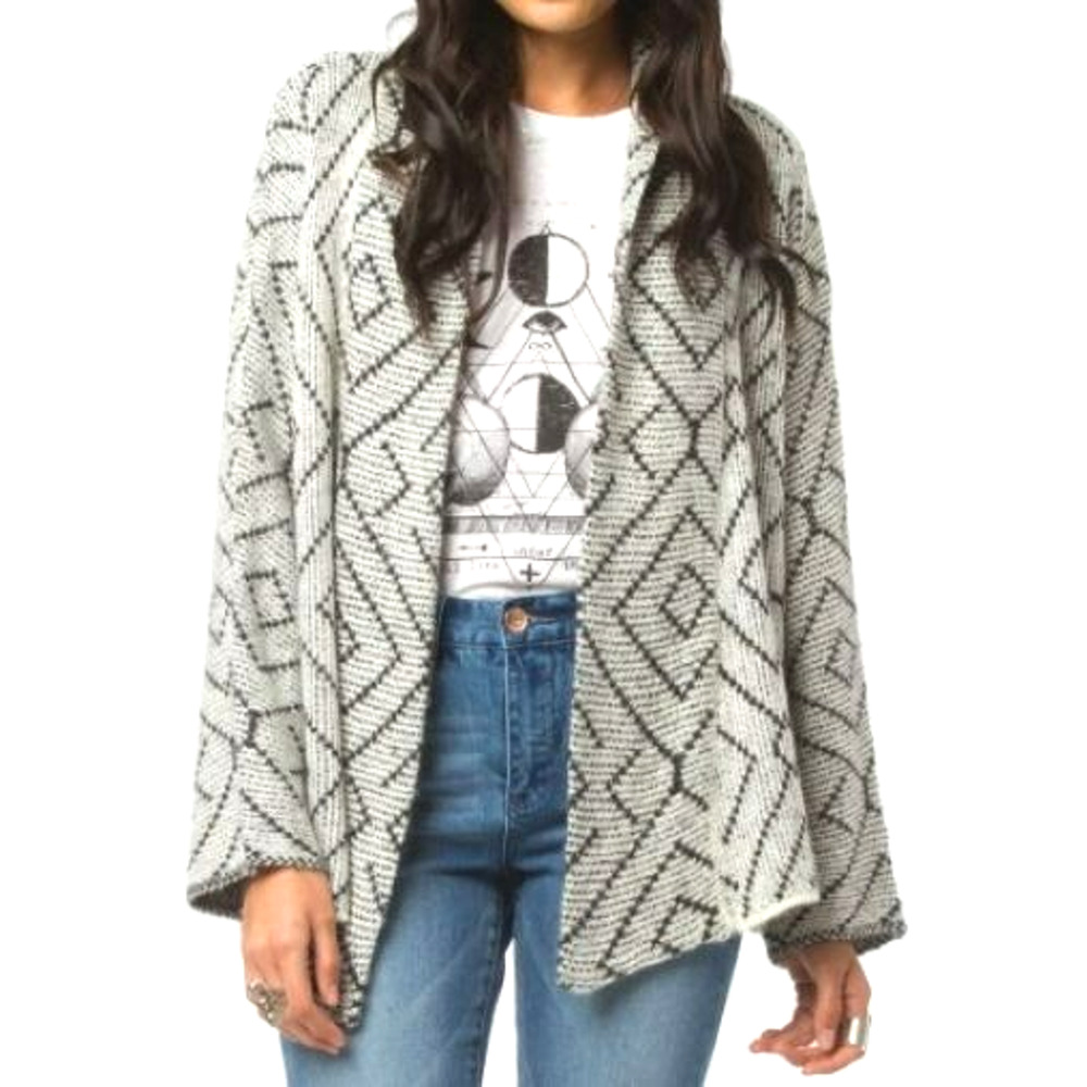 BILLABONG Womens Large Gray Diamond Print Soft Open Front Aztec Cardigan Sweater